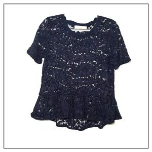 Ann Taylor Loft Tunic S Cottage Core Floral Lace Peplum Navy Short Sleeve Boho